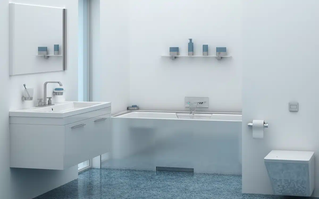 Modern white bathroom with vanity, soaking tub, and blue accent decor