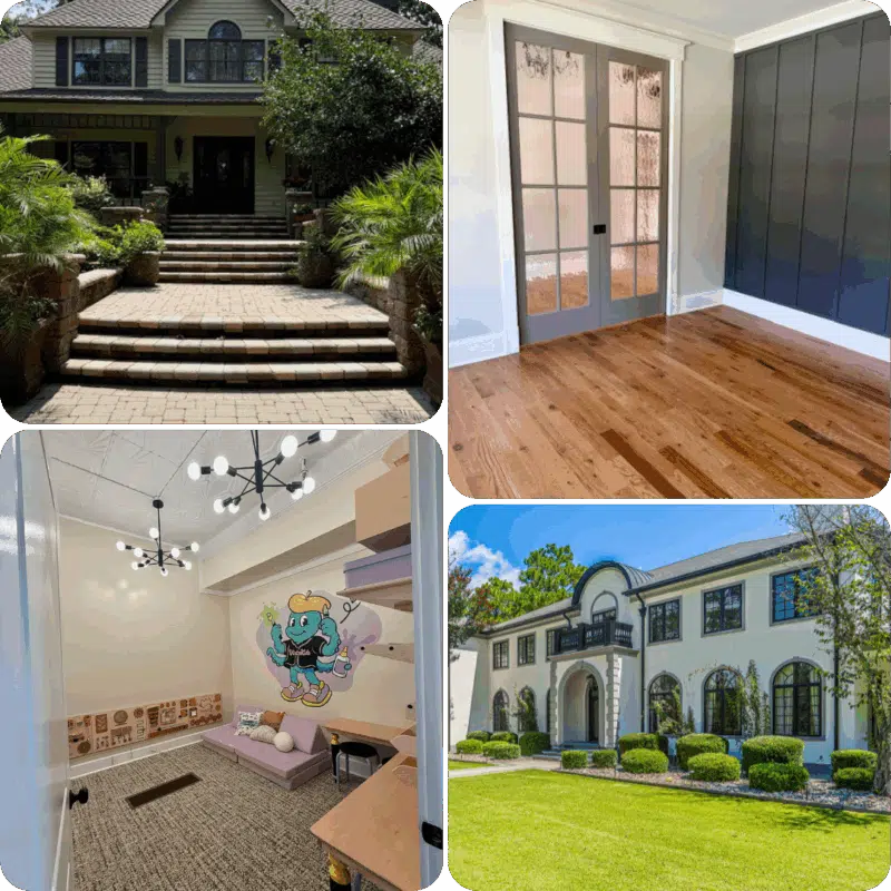 Collage of completed painting projects: home exteriors, an accent wall, and a mural