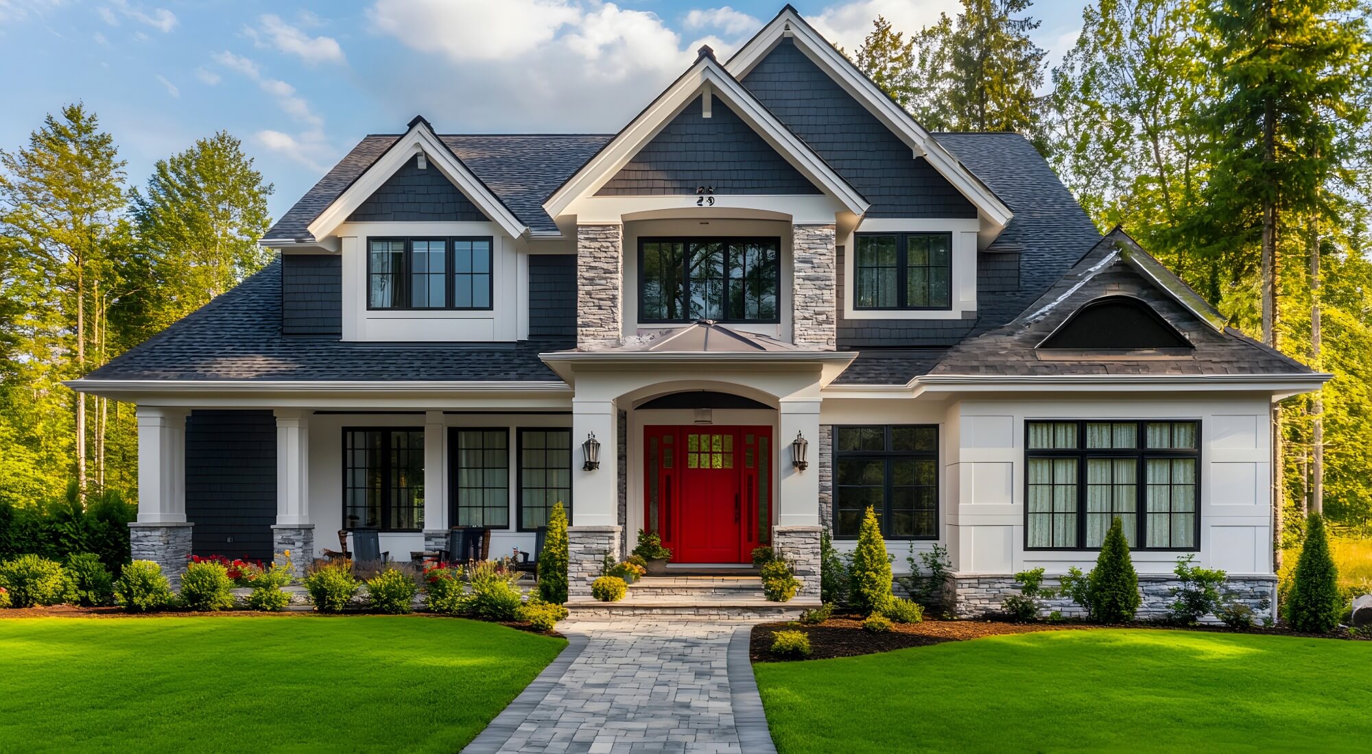 Two-story navy home with red door, painting services in Moore County, NC